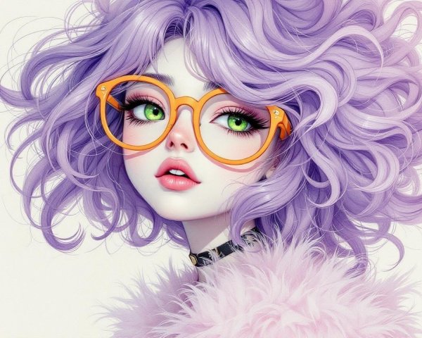 Whimsical Character with Lavender Hair and Orange Glasses