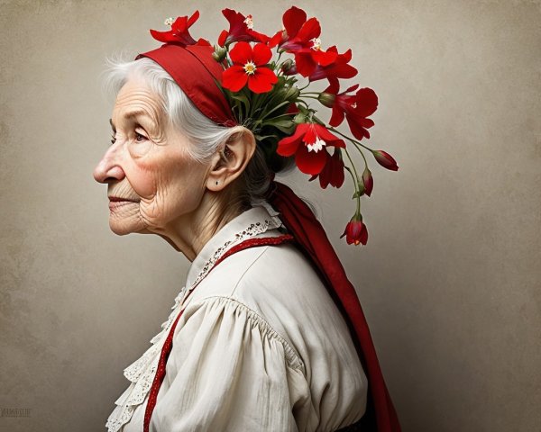 Elderly Woman in Profile with Floral Headband and Blouse