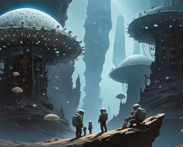 Surreal Alien Landscape with Towering Mushroom Structures