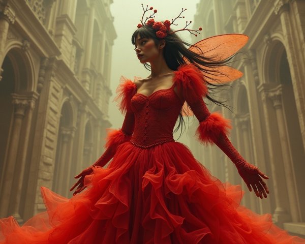 Misty Dreamlike Scene with Figure in Red Gown
