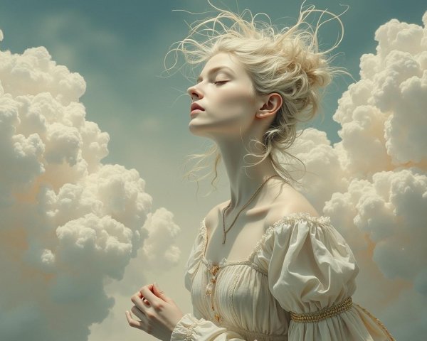 Ethereal figure in clouds with flowing blonde hair