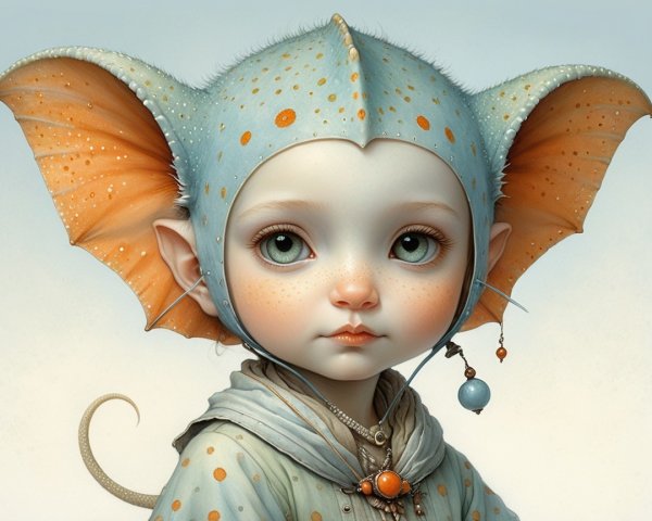 Whimsical Creature with Fish-like Ears and Jewelry