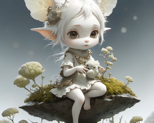 Whimsical creature on a mossy stone in a magical landscape