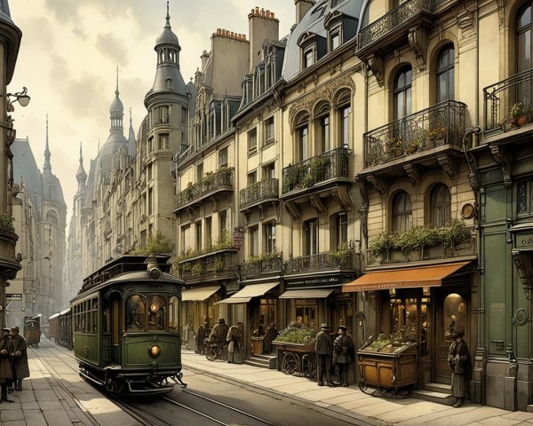 Vintage Tram in European City Street Scene