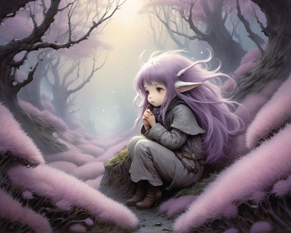 Whimsical Forest Scene with Ethereal Pink Foliage