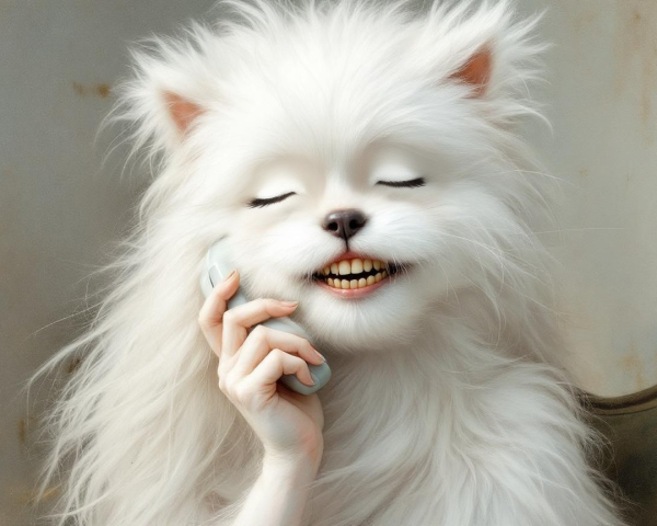 Surreal Image of a Smiling Dog with a Phone