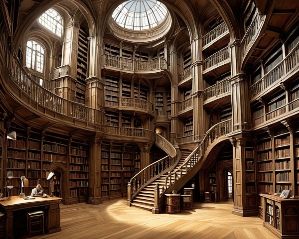 Grand Library with Wooden Shelves and Skylight