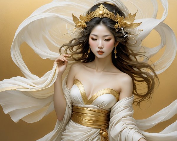 Graceful Woman in White and Gold Attire Against Gold Backdrop
