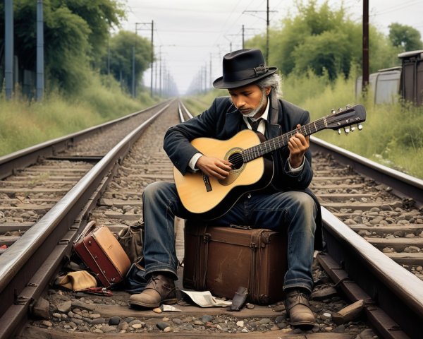 Man with guitar on suitcase by railway tracks