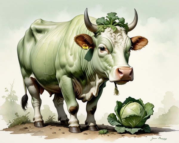 Whimsical Cow Illustration with Cabbage and Greens