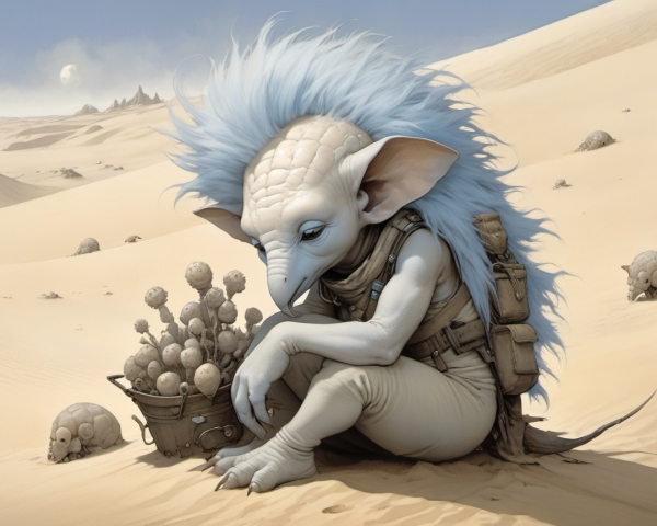 Humanoid Creature in Desert with Spiky Plants