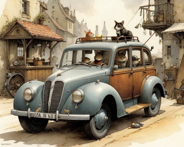 Vintage Blue Car with Animals in Quaint Village Scene