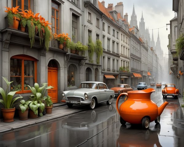 Charming street scene with vintage cars and teapot decoration