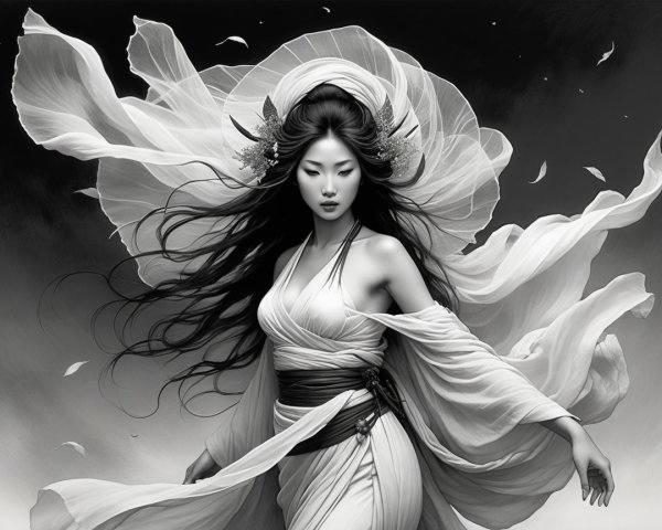Ethereal Figure in Flowing Garments Against Monochrome