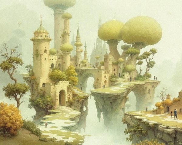 Whimsical Landscape with Floating Islands and Castles