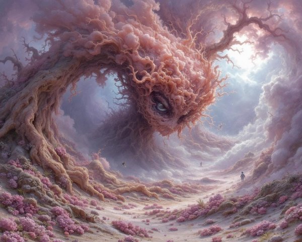 Surreal Landscape with Twisted Tree and Dreamlike Elements