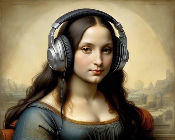 Classical Portrait with Modern Headphones and Landscape