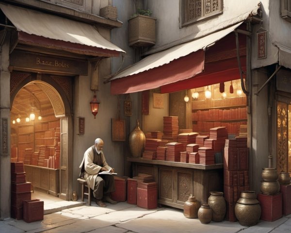 Elderly Man Reading in a Charming Marketplace Setting
