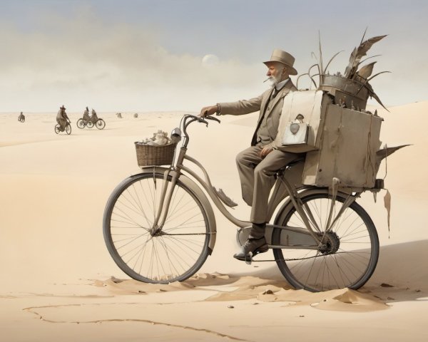 Old Man on Bicycle with Plants in Desert Landscape