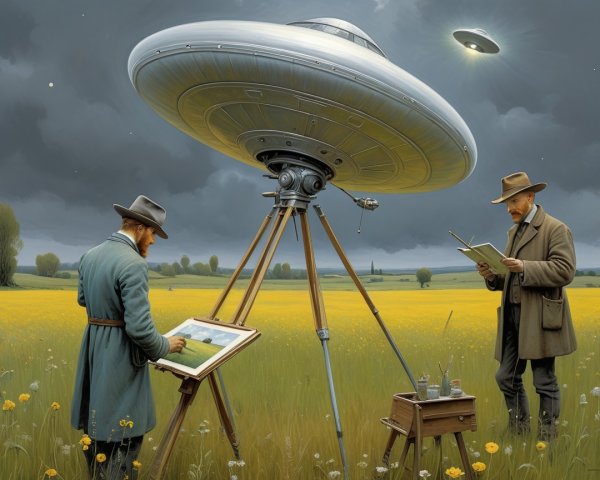 Artists in Yellow Field Under Dramatic Sky and UFO