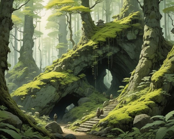 Mystical Forest with Towering Trees and Cave Entrances