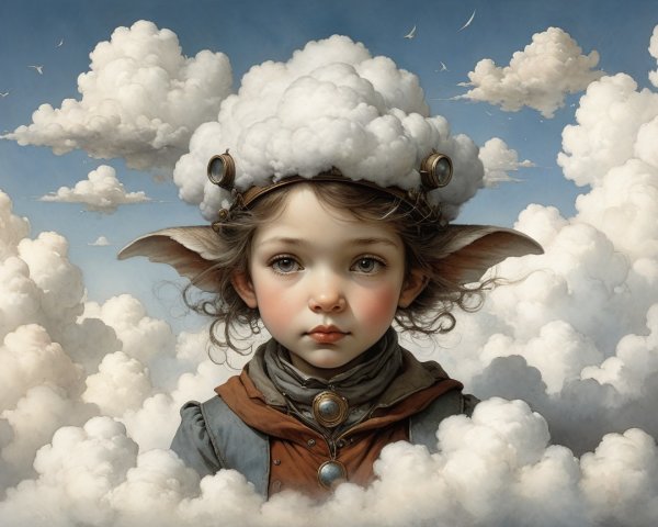 Whimsical Child Portrait with Cloudy Hat and Sky Background