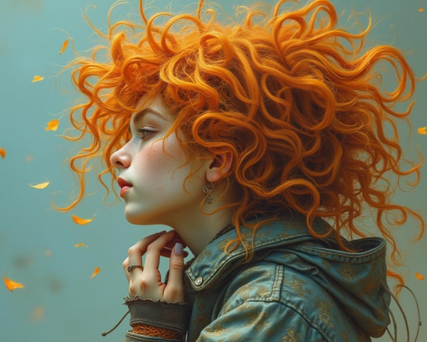 Young woman with orange hair amidst autumn leaves