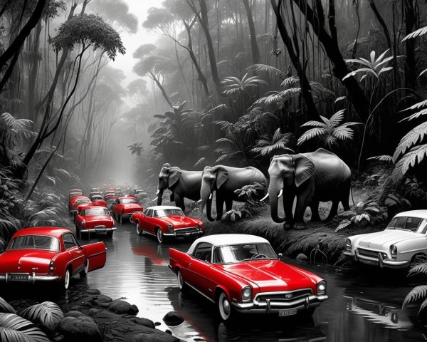 Vintage Cars and Elephants in a Monochromatic Jungle Scene