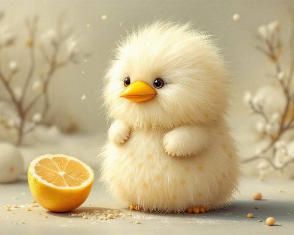 Fluffy Yellow Chick Next to Half-Cut Lemon on Gray Surface