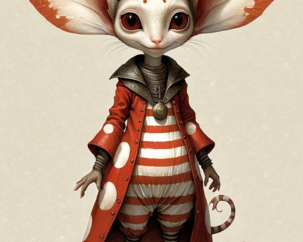 Whimsical creature in striped outfit with polka dots