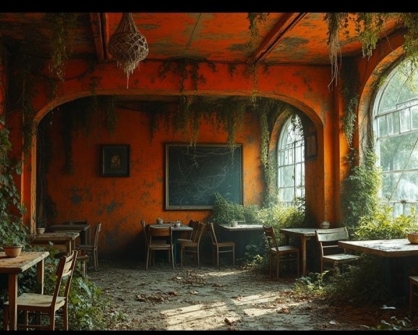 Dilapidated Restaurant with Vibrant Walls and Overgrowth