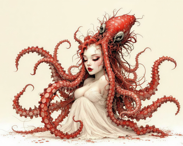 Dreamy Woman with Red Hair and Octopus Tentacles