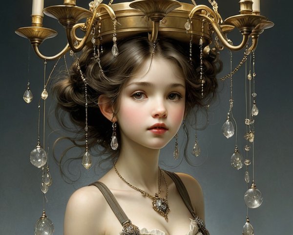 Elegant girl with ornate gold chandelier backdrop