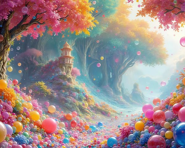 Whimsical Forest with Colorful Bubble-Like Spheres