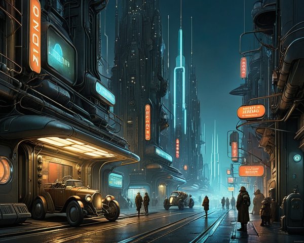 Futuristic Night Cityscape with Neon Lights and Vintage Cars