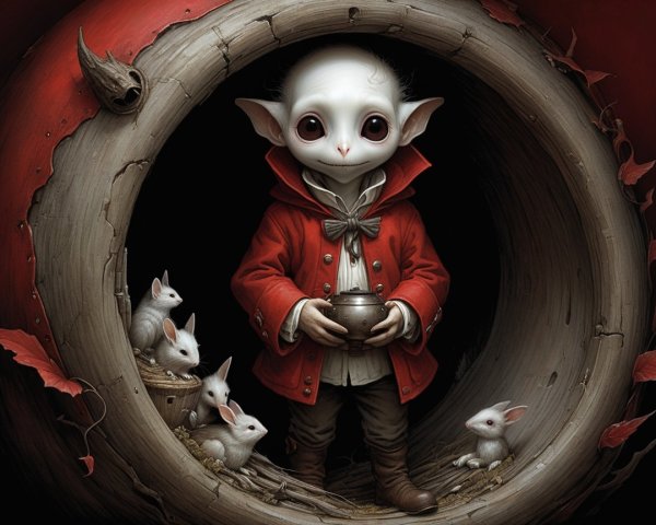 Whimsical Woodland Scene with Figure and Rabbits