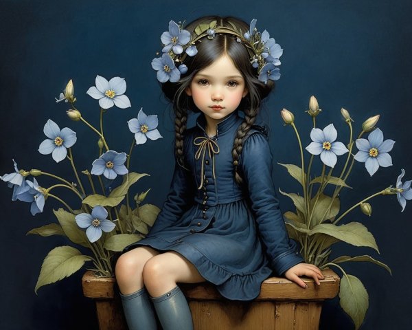 Young Girl in Blue Dress Surrounded by Flowers