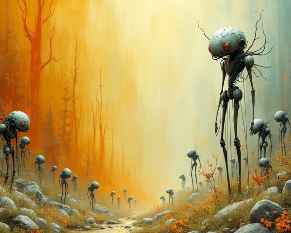 Surreal Landscape with Humanoid Figures and Warm Hues