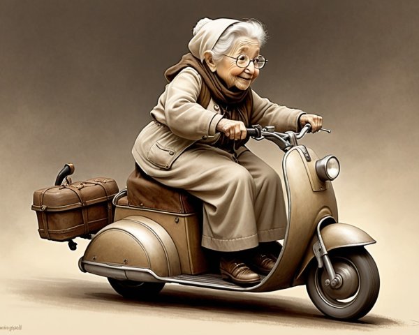 Elderly Woman Riding Vintage Scooter in Detailed Illustration