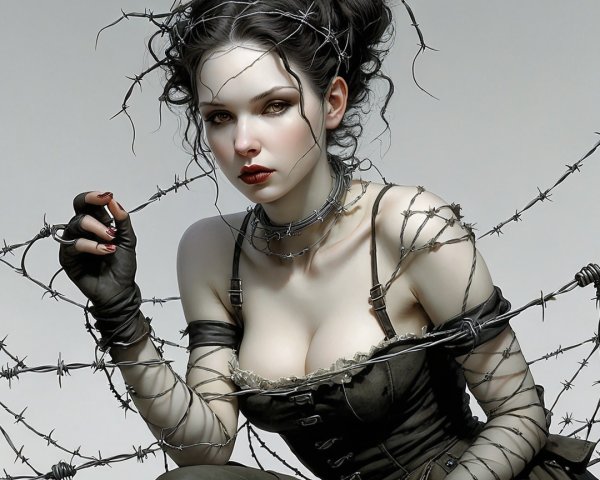 Pale Figure in Vintage Dress Entangled in Barbed Wire