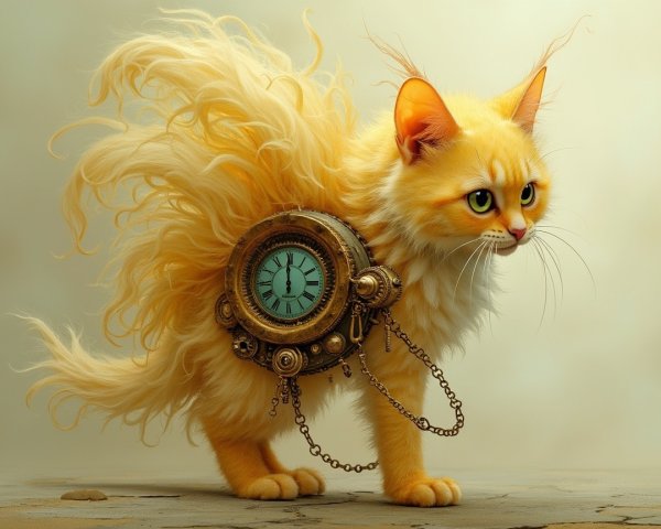 Whimsical Orange Cat with Steampunk Pocket Watch