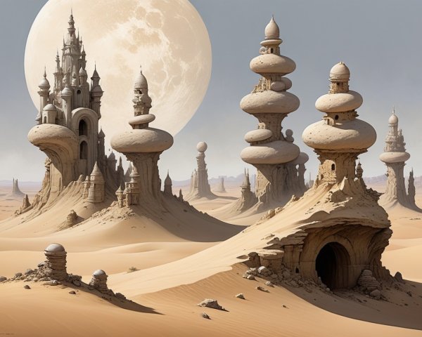 Surreal Desert Landscape with Whimsical Structures
