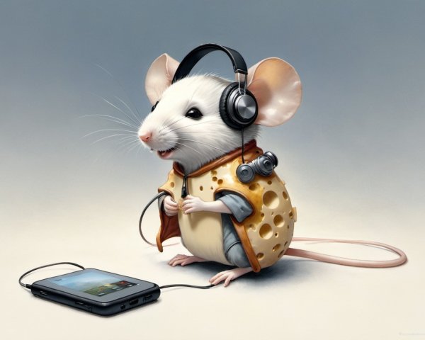 Cartoon Mouse in Cheese Jacket Enjoying Music