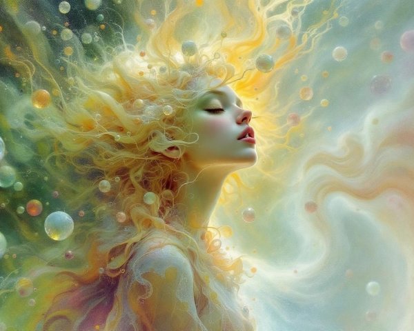Ethereal female figure with golden hair and bubbles