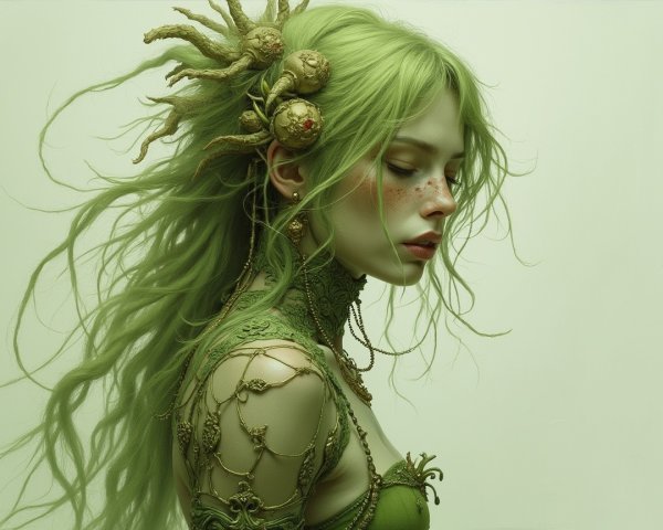 Ethereal figure with green hair and nature-inspired attire
