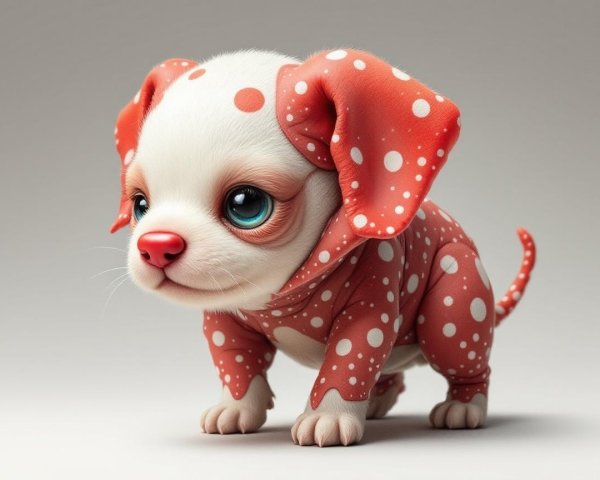 Chubby Puppy with Blue Eyes and Polka-Dotted Outfit