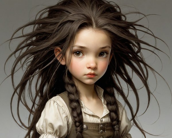 Young girl with wild dark hair and soft features