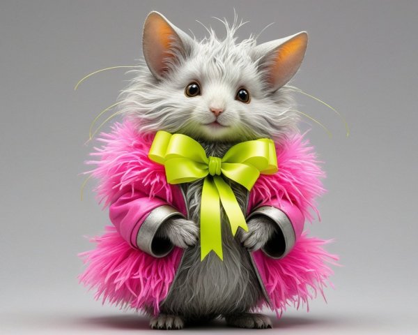 Whimsical Gray Cat-like Creature in Pink Coat