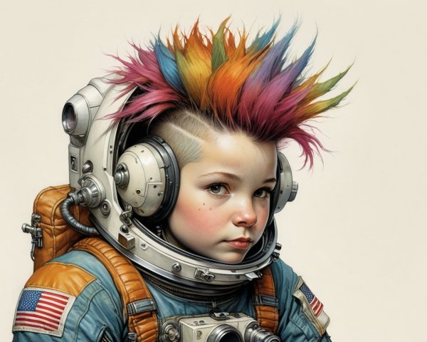Young Astronaut with Colorful Hair in Space Suit