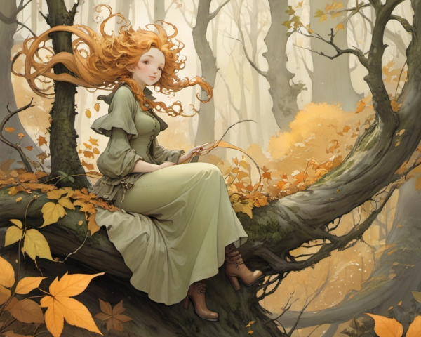 Serene figure on a tree branch in a mystical forest
